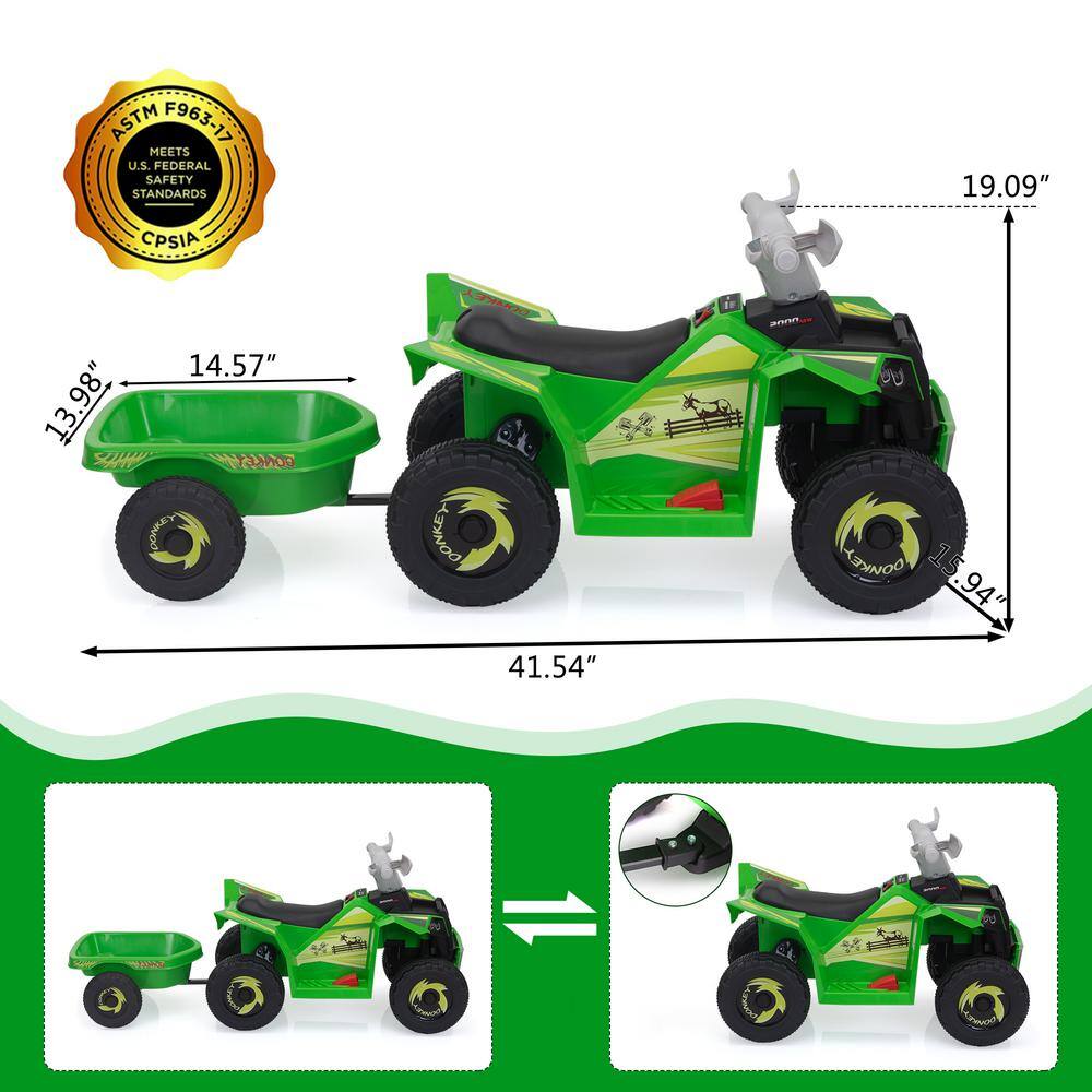Green 6V Kids Electric Quad ATV with Trailer