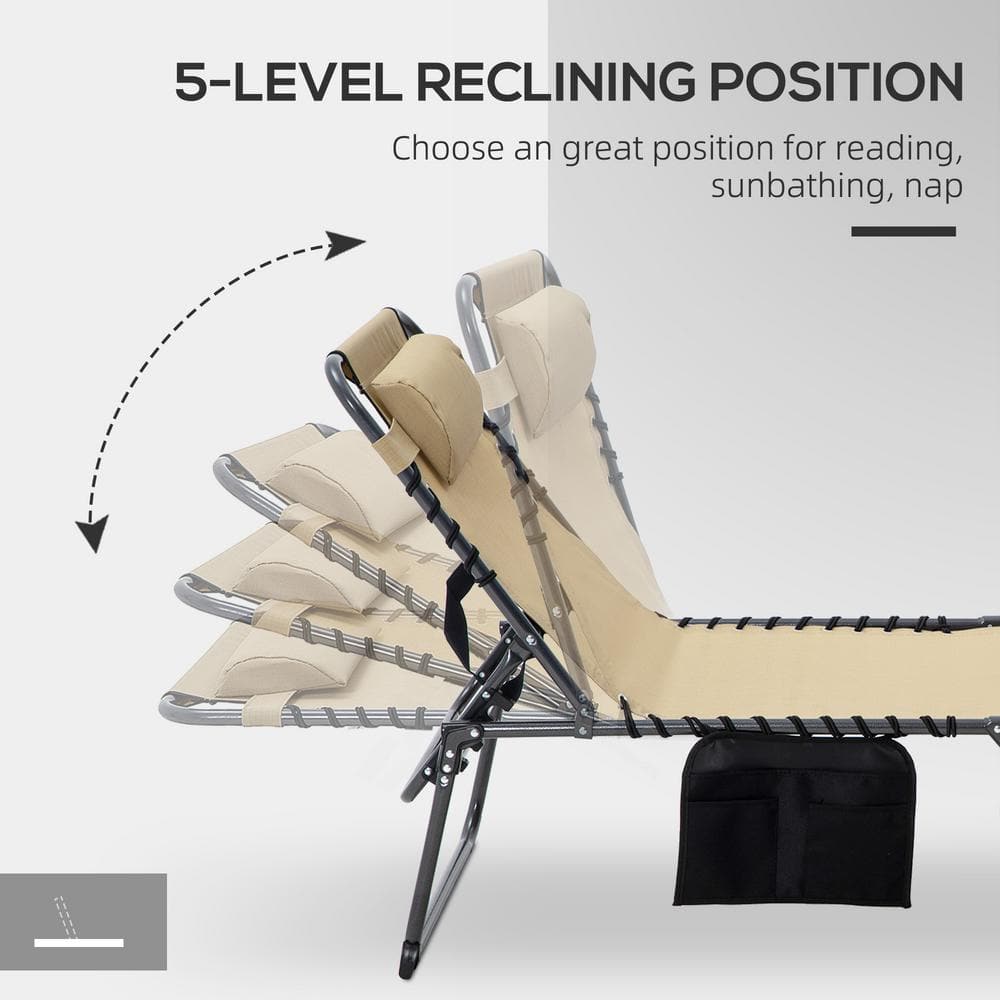 Beige Mesh Folding Outdoor Chaise Lounge with Headrest