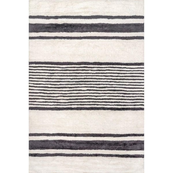 Striped Wool Machine Washable Ivory 4 ft. x 6 ft. Area Rug