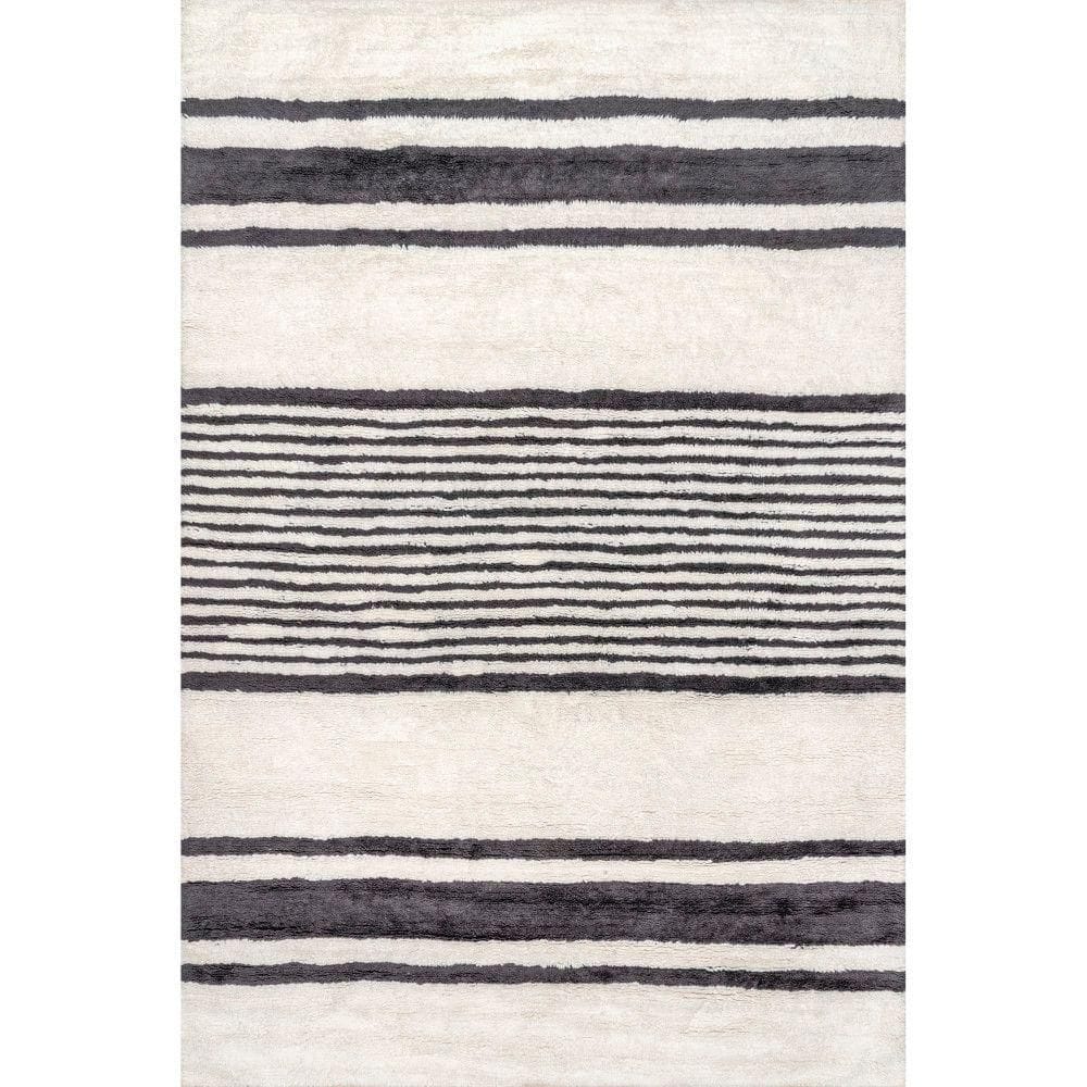 Ivory and Black Striped Wool Washable Area Rug 5' x 8'