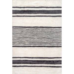 Lauren Liess Wool  Machine Washable Ivory 6 ft. x 9 ft. Striped Wool Area Rug