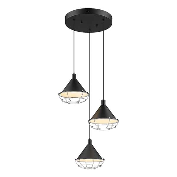 JAZAVA 15-Watt 3-Light Black Dimmable Integrated LED Pendant Light with Metal Shade