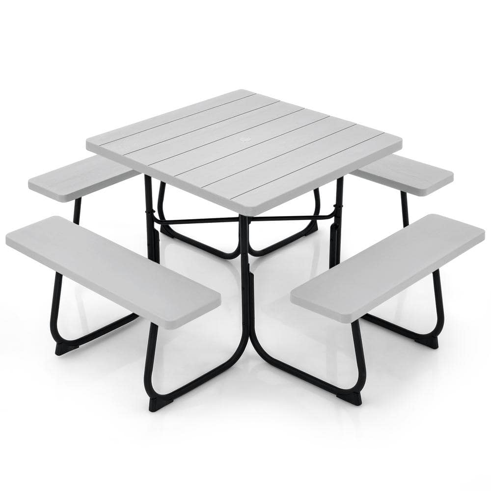 ANGELES HOME 67 in. Gray Square Metal Outdoor Picnic Table with 4 Benches and Umbrella Hole