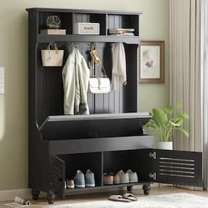 Black Hall Tree with 4-Sturdy Hooks, Shutter-Shaped Doors Storage Bench and Cushion for Hallway, Entryway, Living Room