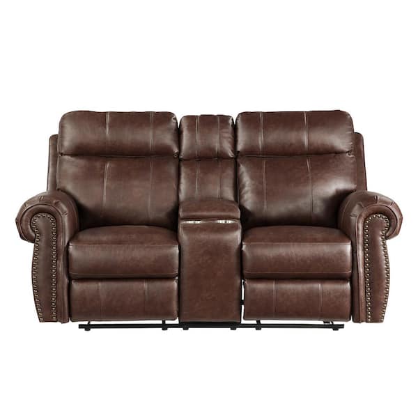 EVERGLADE HOME Stader 74.5 in. W Rolled Arm Microfiber Straight Double Reclining Love Seat with Center Console in Brown
