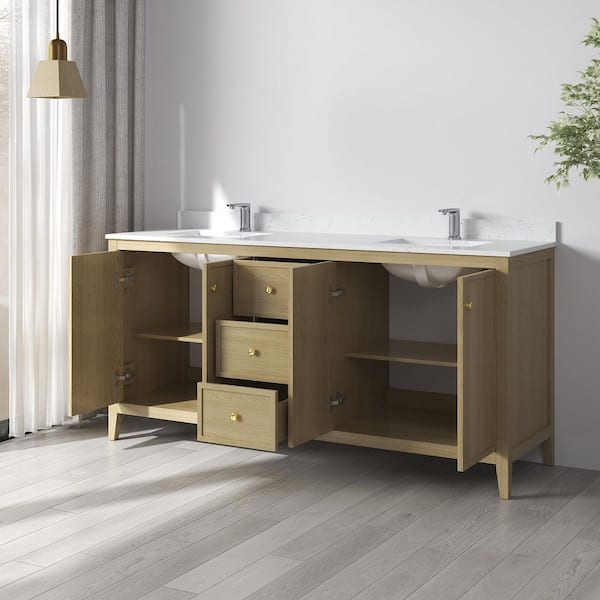 Fluctus 72 in. W x 22 in. D x 35 in. H Double Sink Freestanding Bath Vanity in Oak with Calacatta Cultured Marble Top