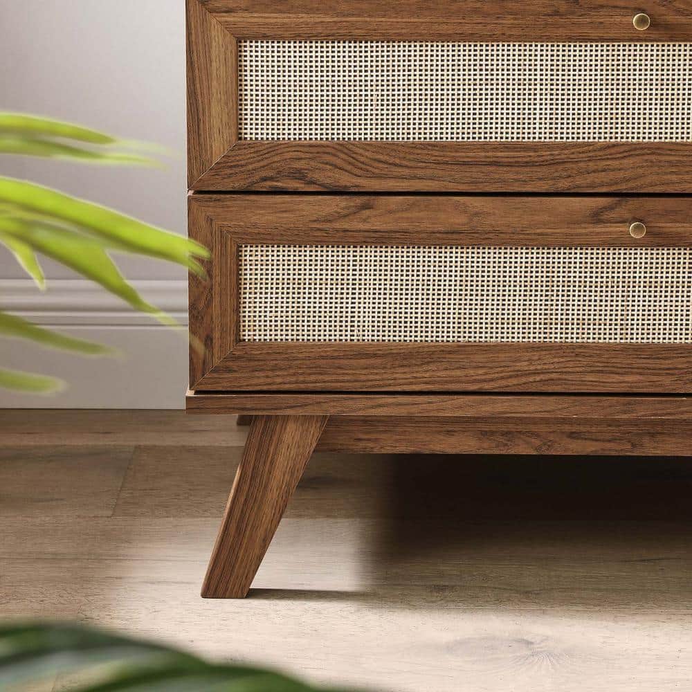 Walnut 3-Drawer Dresser with Rattan Weave Fronts