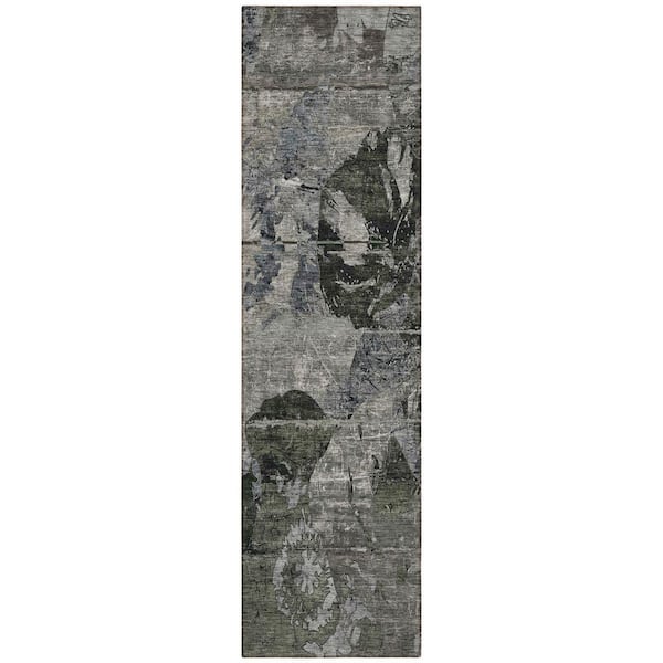Gray, Dark Green, Black 2 ft. x 8 ft. Woven Abstract Polyester Runner Indoor / Outdoor Area Rug