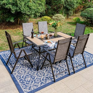 7-Piece Black Metal Patio Outdoor Dining Set with Geometric Rectangle Table and Grey Folding Reclining Sling Chairs