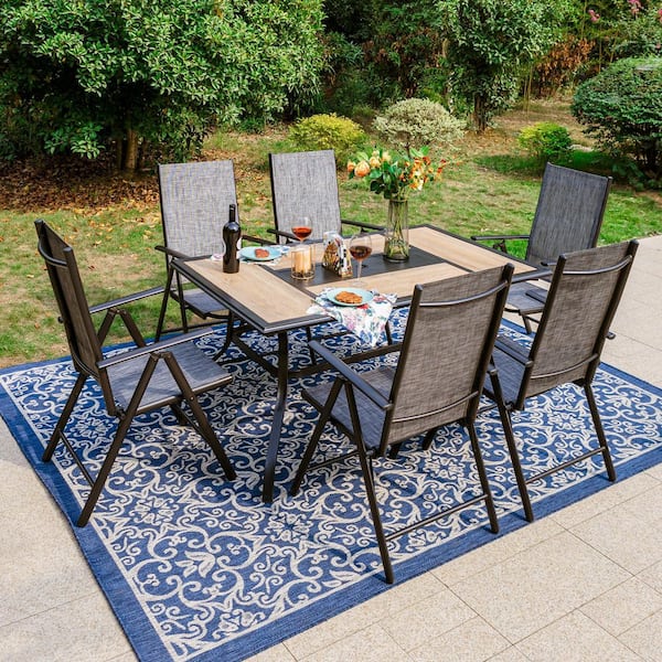 PHI VILLA 7-Piece Black Metal Patio Outdoor Dining Set with Geometric Rectangle Table and Grey Folding Reclining Sling Chairs