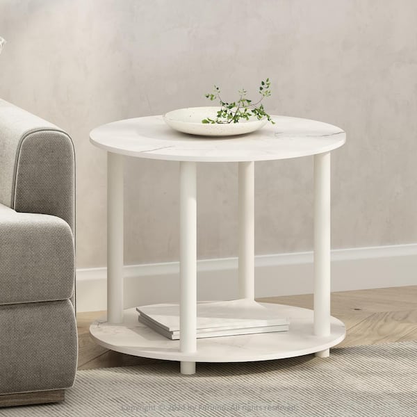 Furinno Turn-N-Tube 23.54 in. Marble White Round Wood End Table