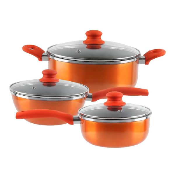 Siavonce 6-Piece Stainless steel Cookware Set in Orange Polished, Induction Bottom, Straight Shape, SS Lids, Handles and Knobs