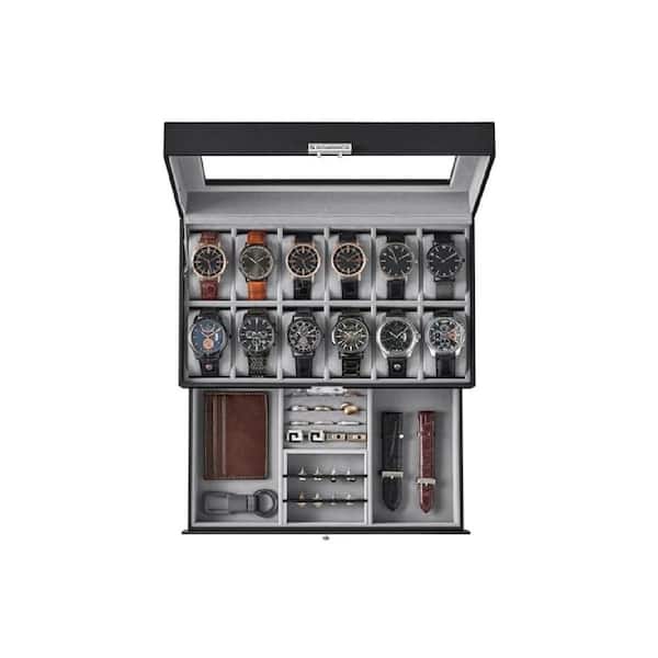 12-Slot Rectangular 7.3 in. D x 12.8 in. W x 5.3 in. H Black MDF Watch Box with Glass Lid