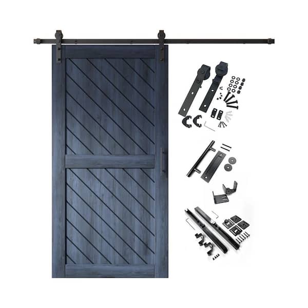HOMACER XT2 36 in. x 80 in. C-Panel Navy Slanted Stripe Design Solid Pine Wood Sliding Barn Door with Hardware Kit