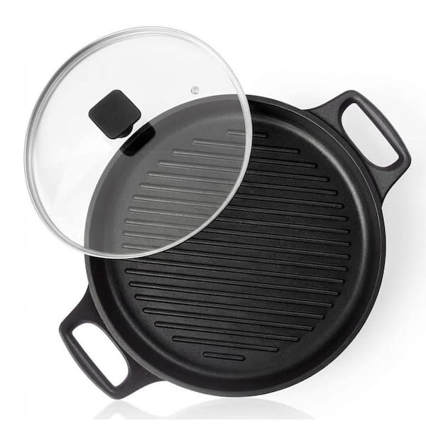 Black Cast Aluminum Nonstick Grill Pans with Lid Deep Ridges for Stovetop Indoor Outdoor Use Dishwasher Safe