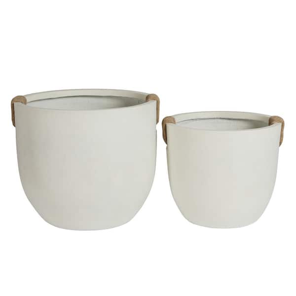 2-Piece Round Off-White MGO Concrete Planter Set with Rope Handles for Indoor and Outdoor