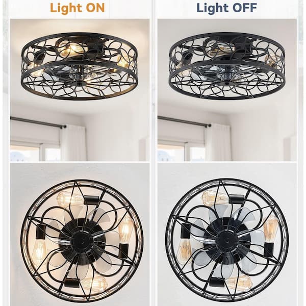 18 in. Small Indoor Black Flush Mount Caged Ceiling Fan with Lights and Remote Control for Kids Rooms