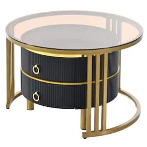 27.5 in. Black and Glod Round Nesting Tempered Glass MDF Table Top Coffee Tables with 2-Drawers