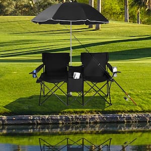 Portable Folding Black Farbic Picnic Double Chair with Umbrella Table Cooler Beach Camping