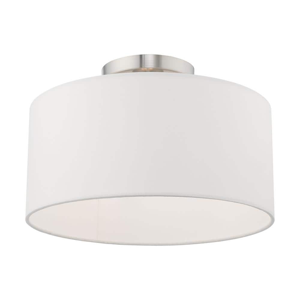 Modern Brushed Nickel Indoor/Outdoor Drum Ceiling Light with Off-White Shade