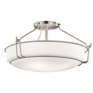 Alkire 22 in. 4-Light Brushed Nickel Hallway Transitional Semi-Flush Mount Ceiling Light with Frosted Glass