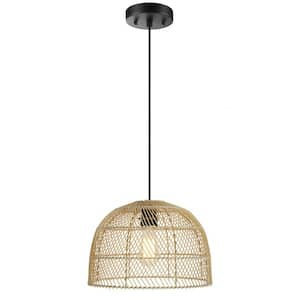 Thorne 14 in. 1 - Light Natural Rattan Dome Pendant Light with Black Canopy