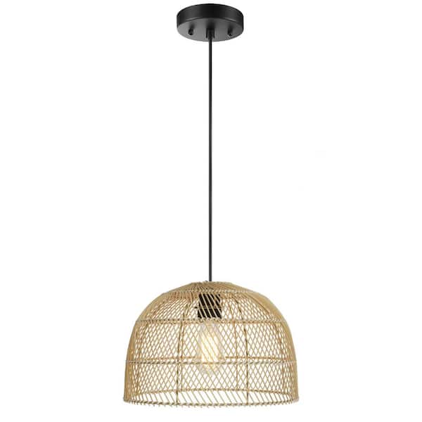 Prime Ray Thorne 14 in. 1 - Light Natural Rattan Dome Pendant Light with Black Canopy