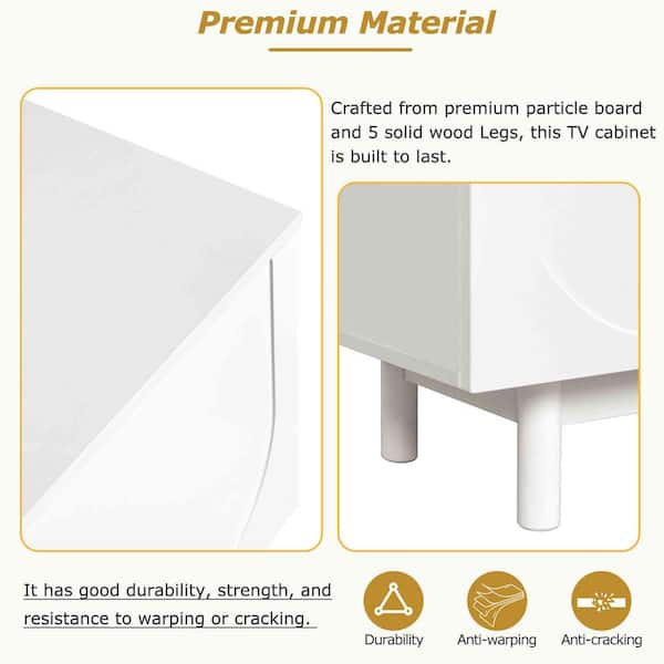 Modern White TV Stand Fits TV's Up to 78 in. with Arch Cabinets, Solid Wood Legs, Adjustable Shelves