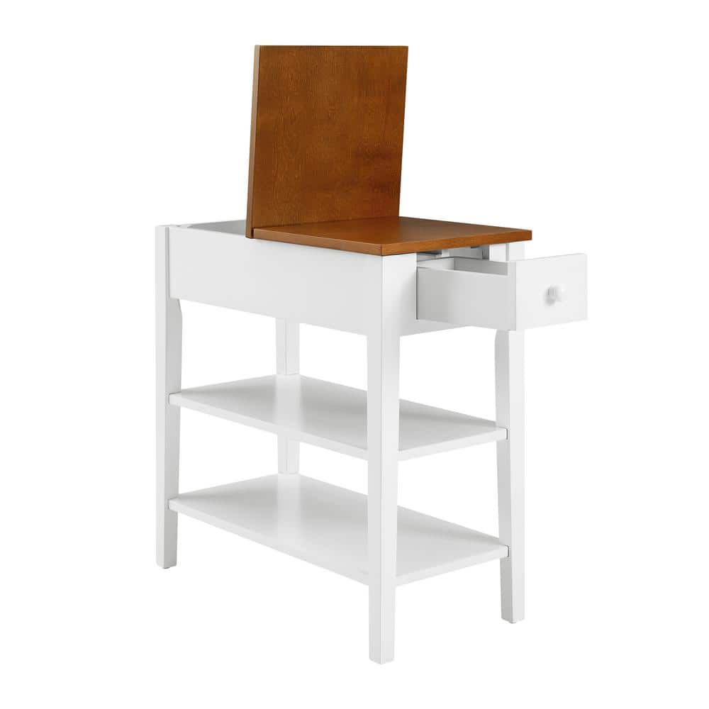 Narrow White and Brown Wood End Table with USB Ports