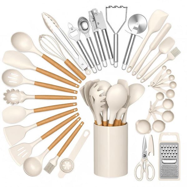 Heat-Resistant Khaki Silicone and Wood 34-Piece Kitchen Utensil Set with Storage Holder and Grater for Nonstick Cookware