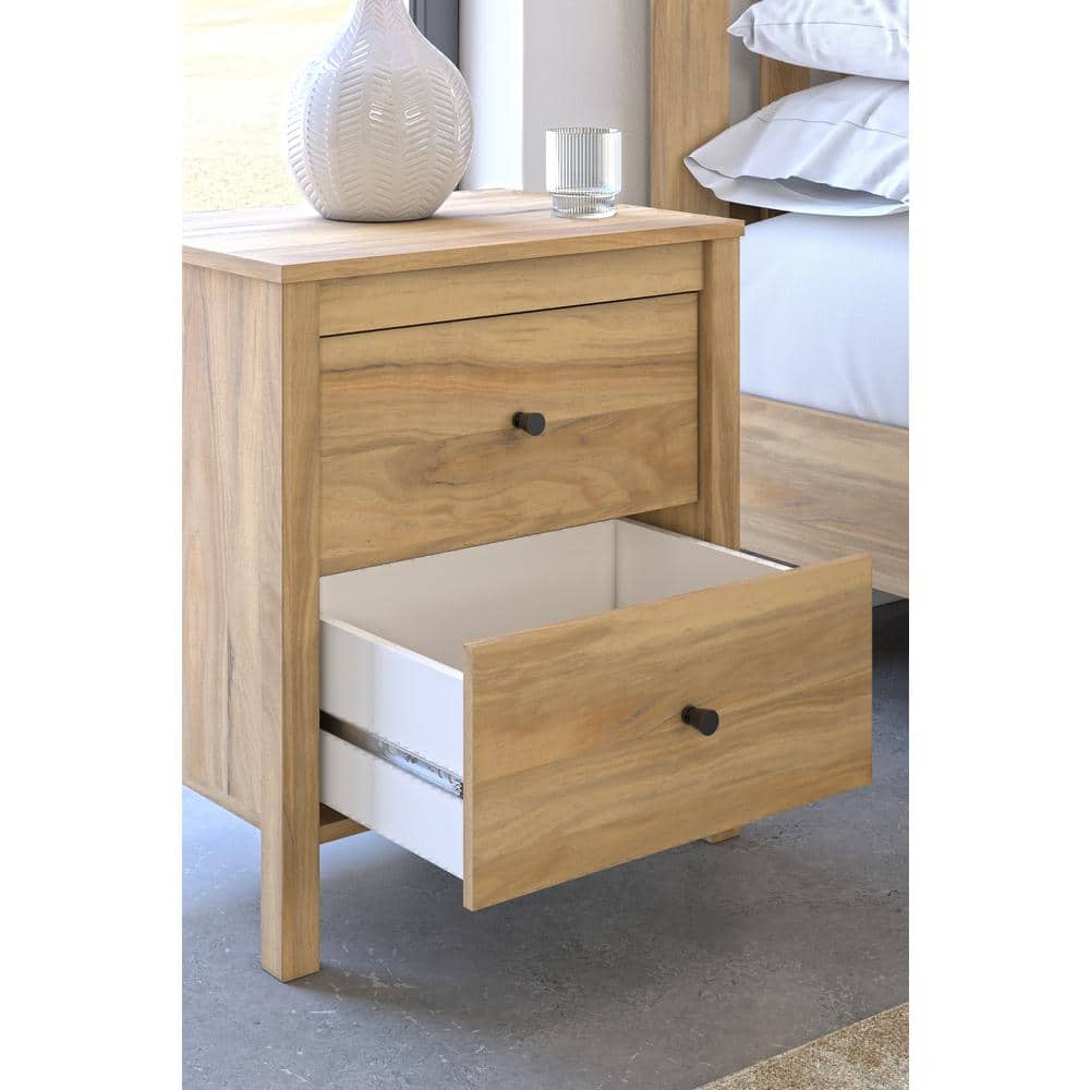 Light Brown 2-Drawer Transitional Nightstand with Bronze Knobs