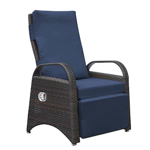 Brown Wicker Outdoor Lounge Chair with 2-Buckle Adjustment Mechanism Reclining and Removable Navy Blue Soft Cushion