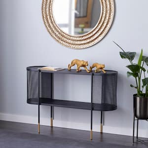 47 in. Black Extra Large Oval Metal Mesh Side Panel 1 Shelf Console Table with Open Center Storage