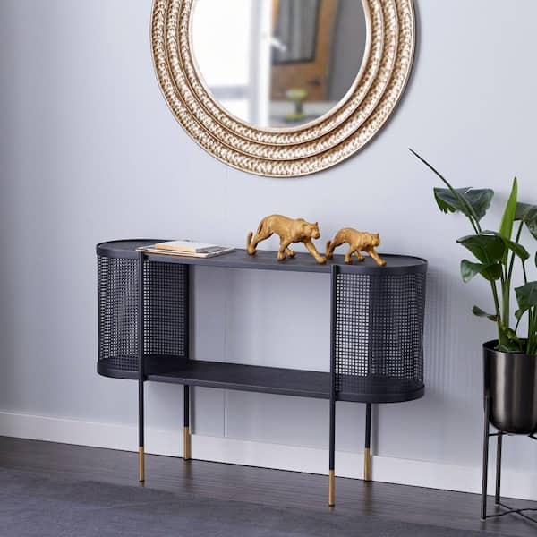 Litton Lane 47 in. Black Extra Large Oval Metal Mesh Side Panel 1 Shelf Console Table with Open Center Storage