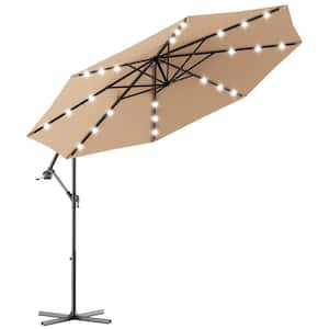 10 ft. Steel Cantilever Solar LED Tilt Patio Umbrella with Cross Base in Beige