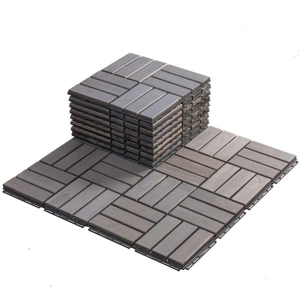 Unbranded 12 in. Gray Square Acacia Hardwood Interlocking Deck Tiles Checker Pattern (10-Pack)
