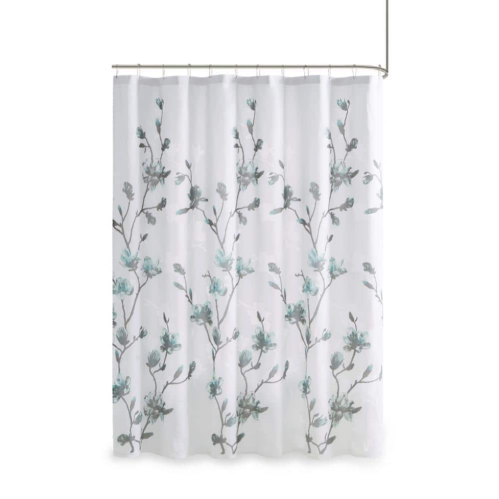 Magnolia Floral White and Blue Fabric Shower Curtain