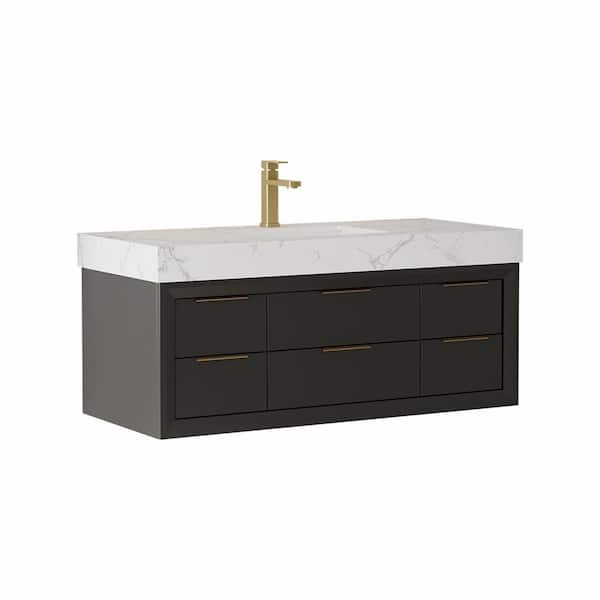 Wenlorin 48 in. Single Sink Floating Black Bath Vanity with White Engineered Marble Top Pre-assembled