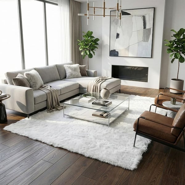 Auriel White 5 ft. x 7 ft. Faux Sheepskin Fur Rectangular Area Rug