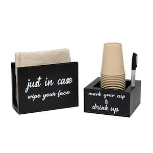 Black Modern Wooden Portable Kitchen Caddy Just in Case, Wipe Your Face Napkin Holder and Cup Holder Set for Events