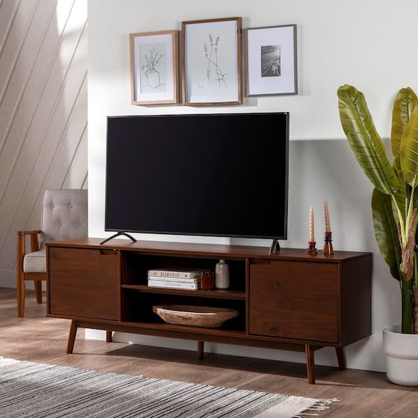 70 in. Mid-Century Modern Walnut Solid Wood TV Stand with 2 Doors (Max TV Size 80 in.)