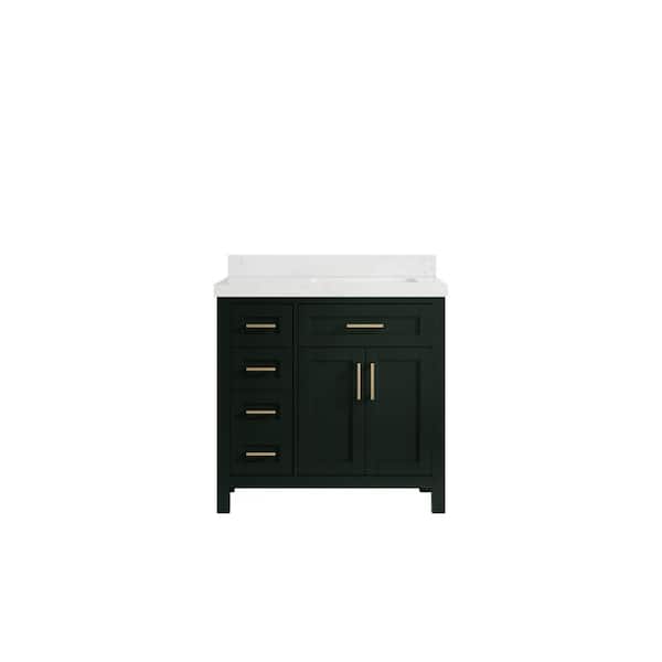 Willow Collections Cambridge 36 in. W x 22 in. D x 36 in. H Right Offset Sink Bath Vanity in Dark Green with 2 in. Empira Quartz Top