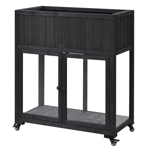 Black Wood Compact 2 Doors Garden Greenhouse with Wheels, Raised Bed with Liner for Indoor Outdoor Use