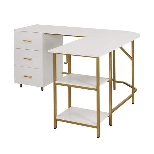 TECHNI MOBILI 59 in. W L-Shape Gold Home Office Two-Tone Desk with