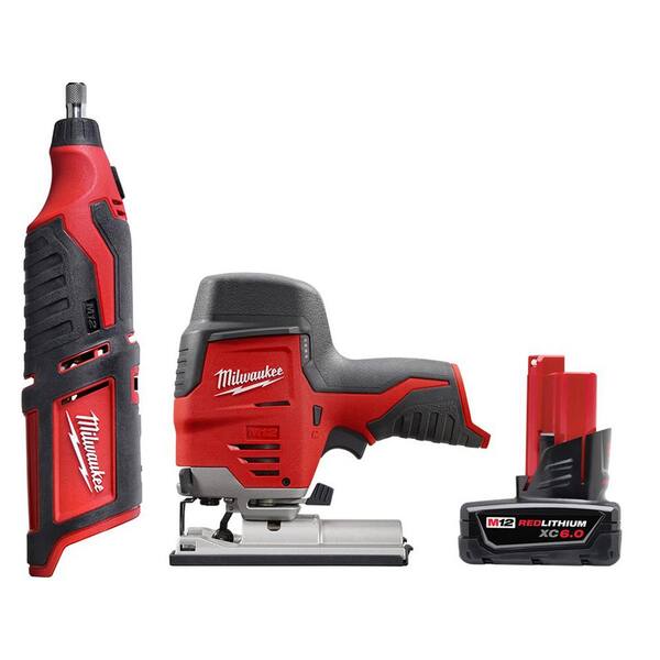 Milwaukee M12 12V Lithium-Ion Cordless Rotary Tool with M12 Cordless Jig Saw and 6.0 Ah XC Battery Pack