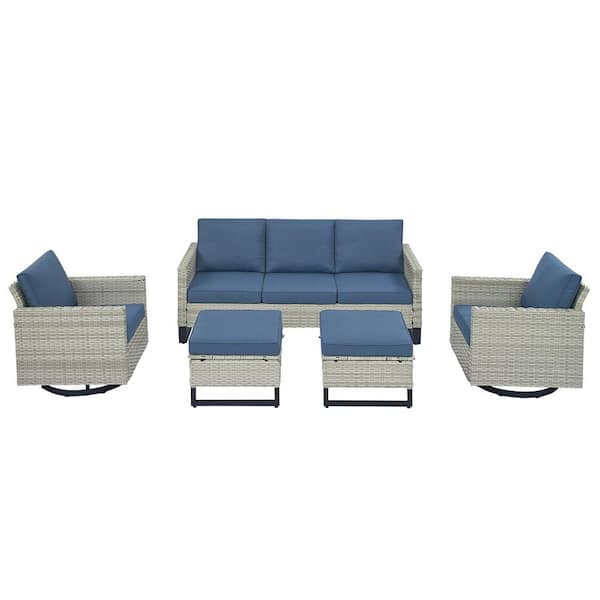 5-Piece White Wicker Patio Conversation Swivel Outdoor Rocking Chair Set Sectional Sofa with Blue Cushions