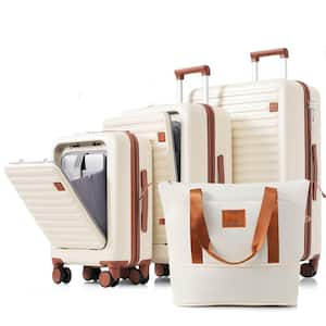 4-Piece Ivory Expandable ABS Hardshell Spinner Luggage Set with Travel Bag, USB Port, Cup Holder, Hooks