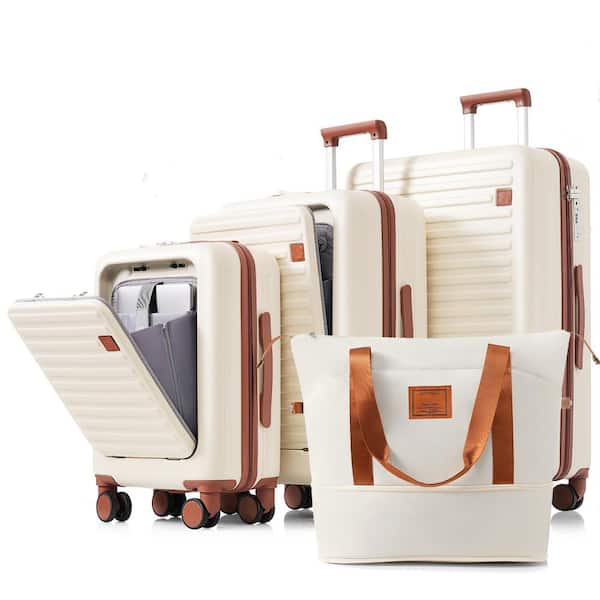 Merax 4-Piece Ivory Expandable ABS Hardshell Spinner Luggage Set with Travel Bag, USB Port, Cup Holder, Hooks