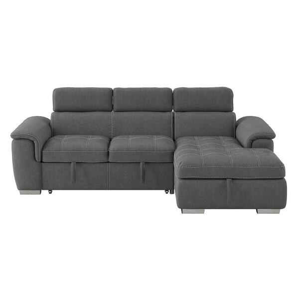 EVERGLADE HOME Warrick 98 in. W 2-Piece Microfiber Upholstery Sectional Sofa in Gray w/ Pull-out Bed & Storage