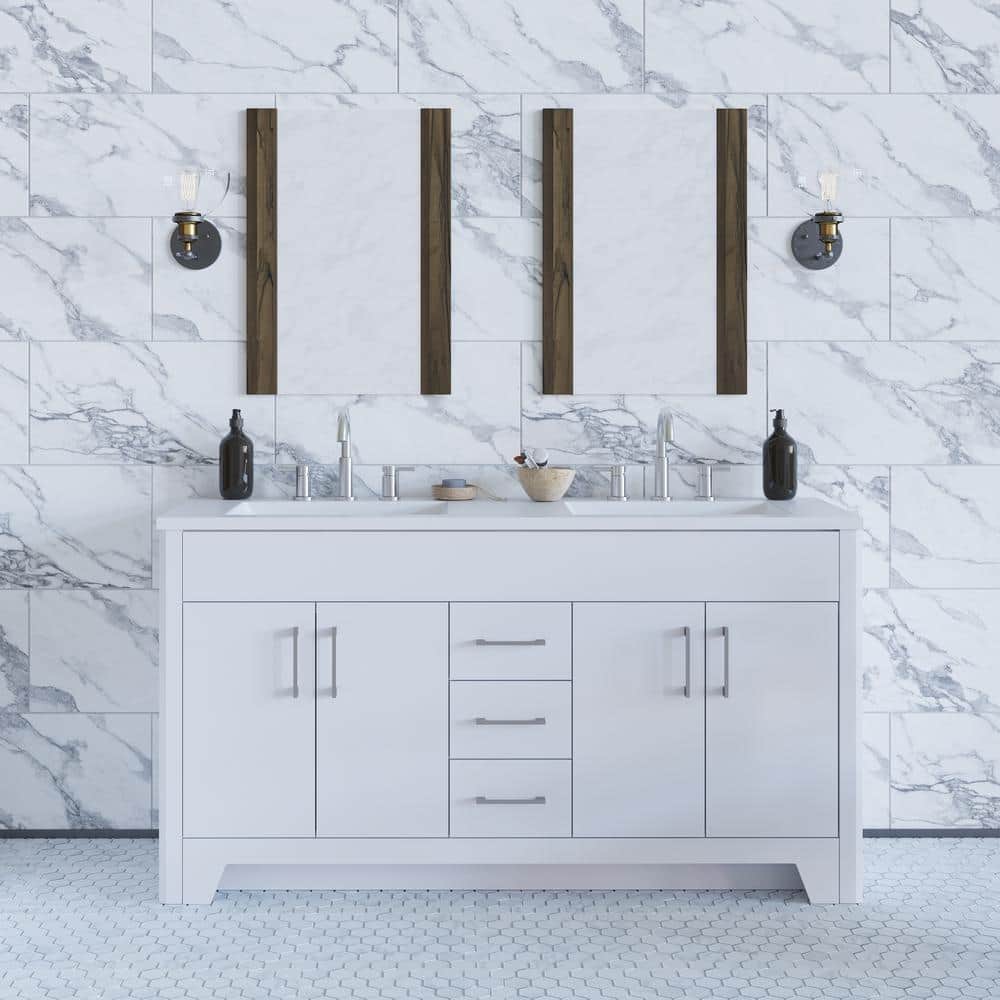 Branine 61 in. Double Sink White Bath Vanity with White Cultured Marble Top